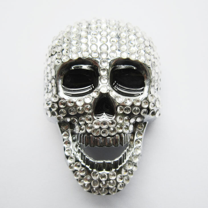 Chrome Schedel met glimmende steentjes lang Riem Buckle/Gesp