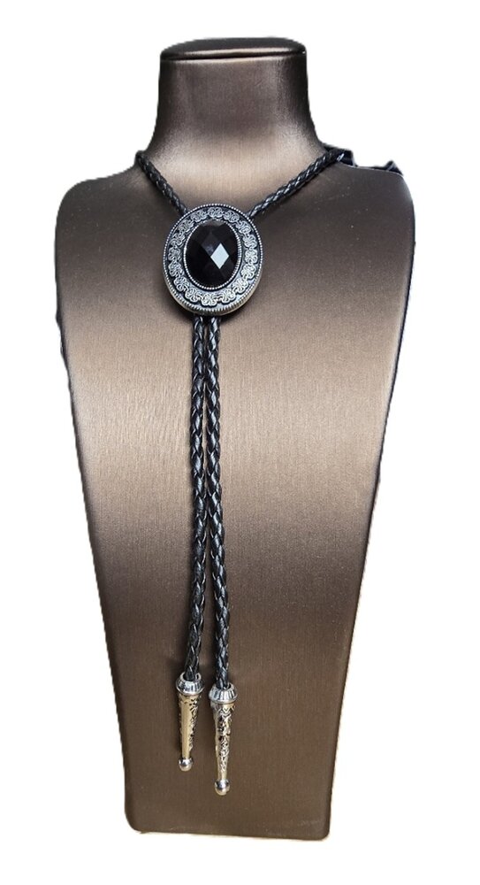 Vintage metalen steen zwarte hoed Bolo Tie Halsketting