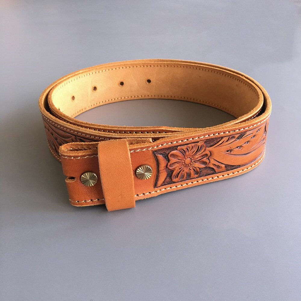 Southwestern Tooled Floral  - Premium Hand-Crafted Brass Screw Band - Zonder Buckle/Gesp 100% Kwaliteit Leer 