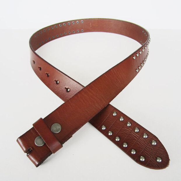 Bruine Leren Riem ronde studs - Zonder Buckle/Gesp 100% Kwaliteit Leer 